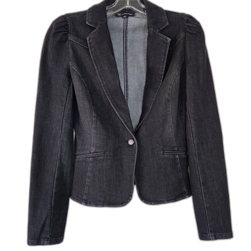 INC Feminine Biker Puff Shoulder Tailored Black Jean Jacket Size XS NWT